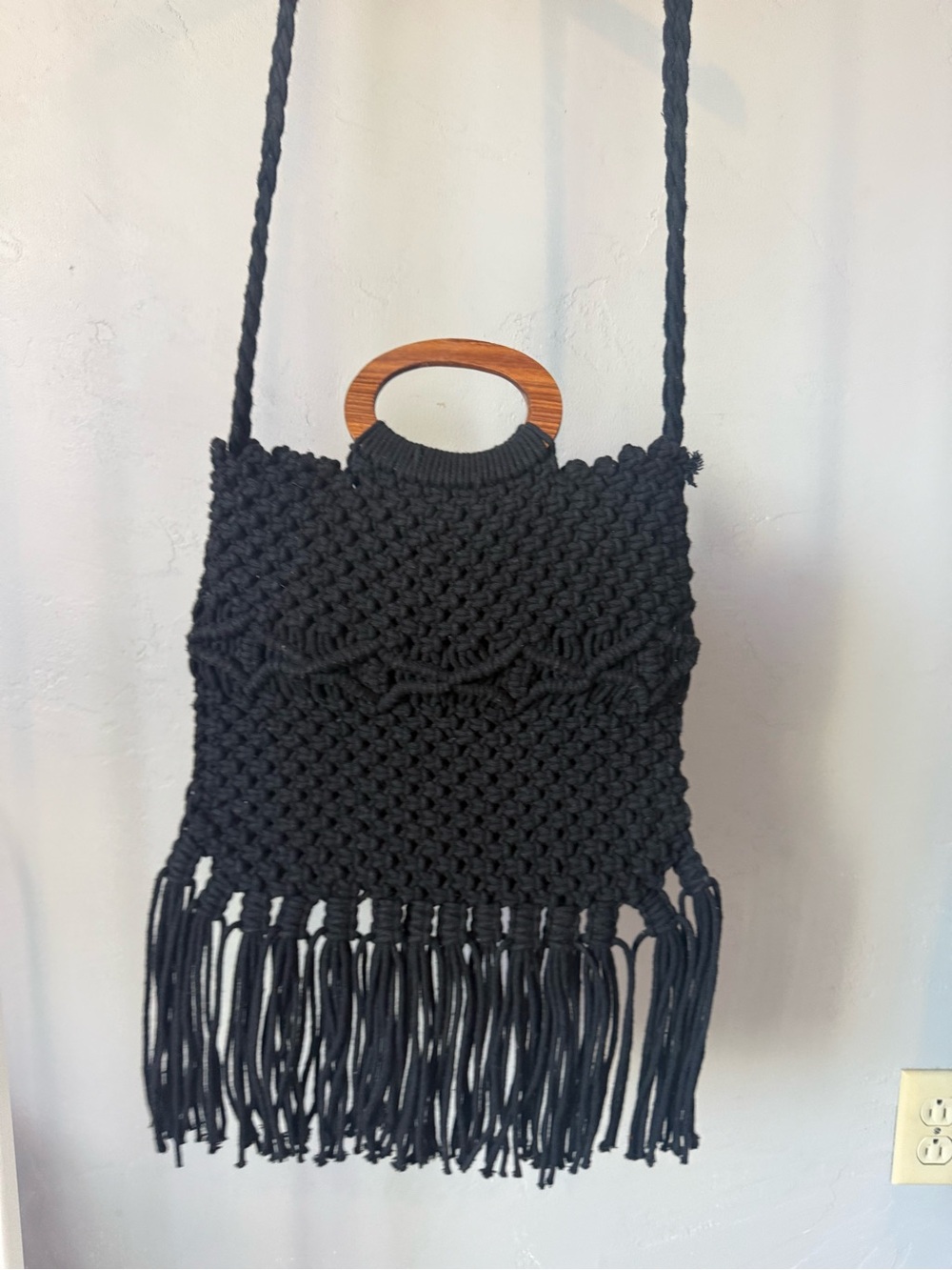 Vici Black Macramé Fringe Shoulder Bag with Wooden Handles